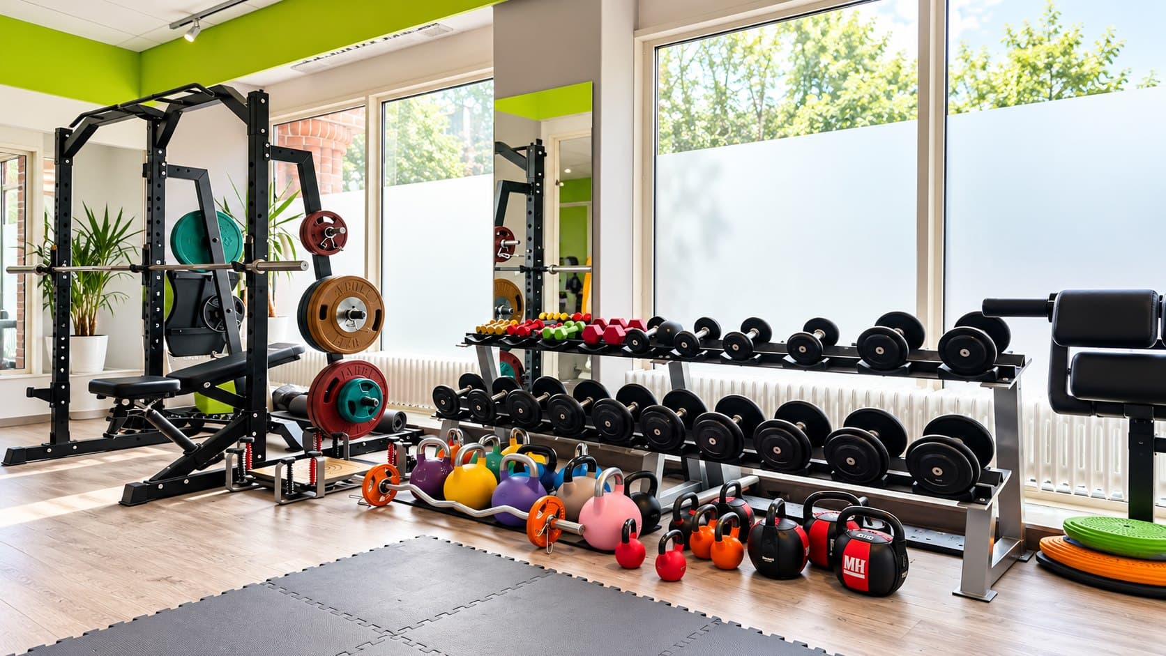 Kraftraum mit Hanteln und Kettlebells